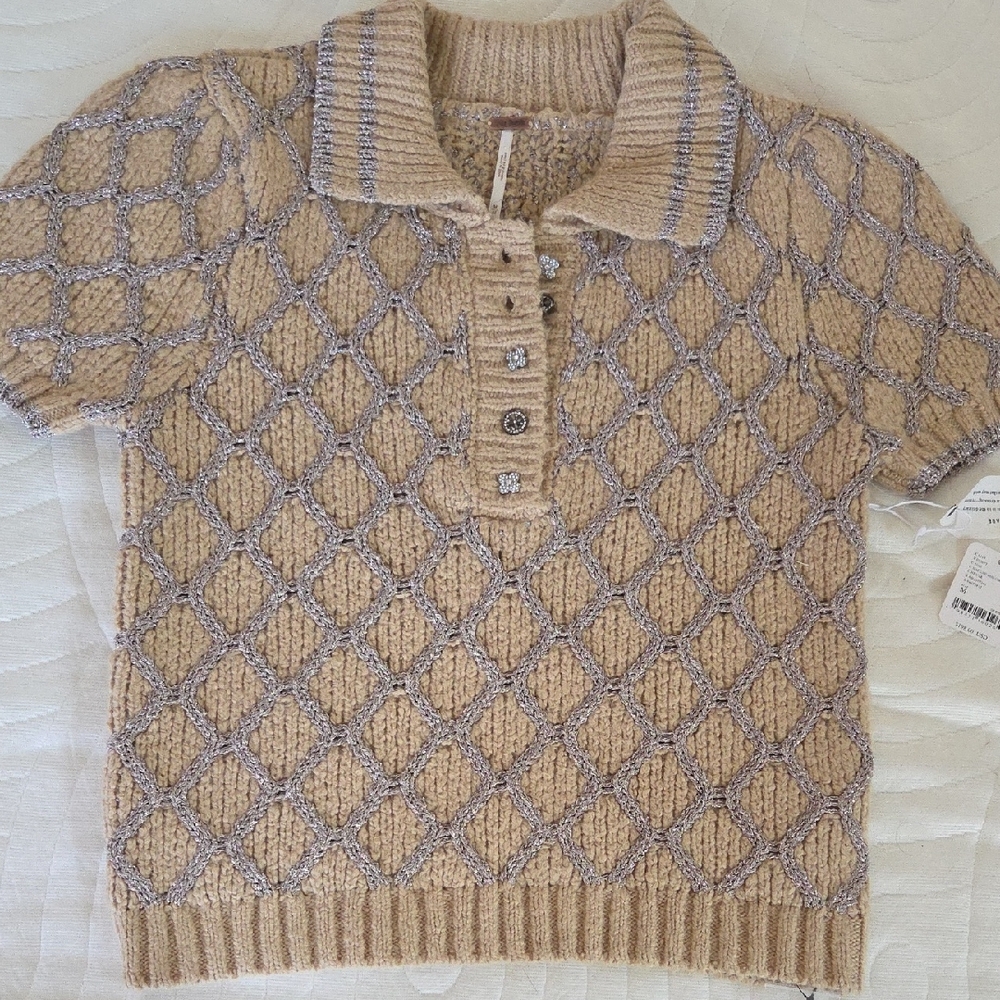 Free People Short Sleeve Tan/Silver Top